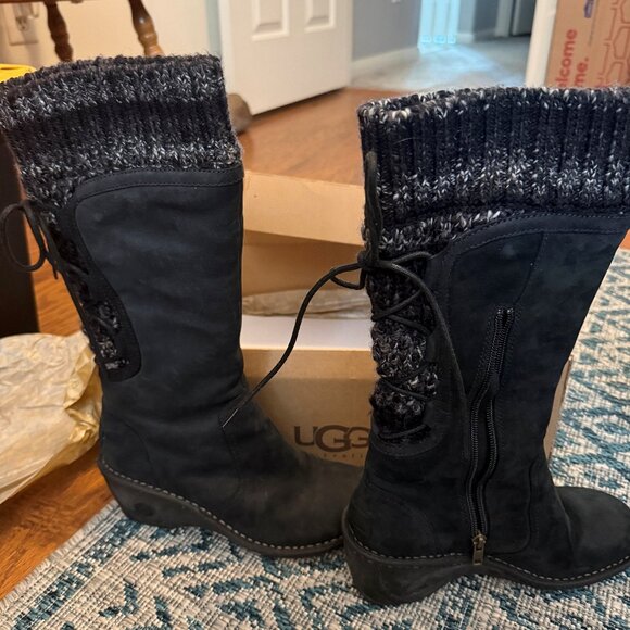 UGG 1936 SKYLAIR Size EU 38 /US 7 Knit Black Leather Shearling Lined Women Boots - Picture 1 of 6